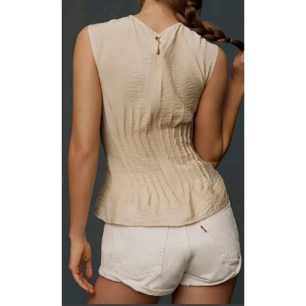 Anthropologie The Della Pleated Waist Shell Top Small Beige Coquette Summer NWT - Picture 5 of 9